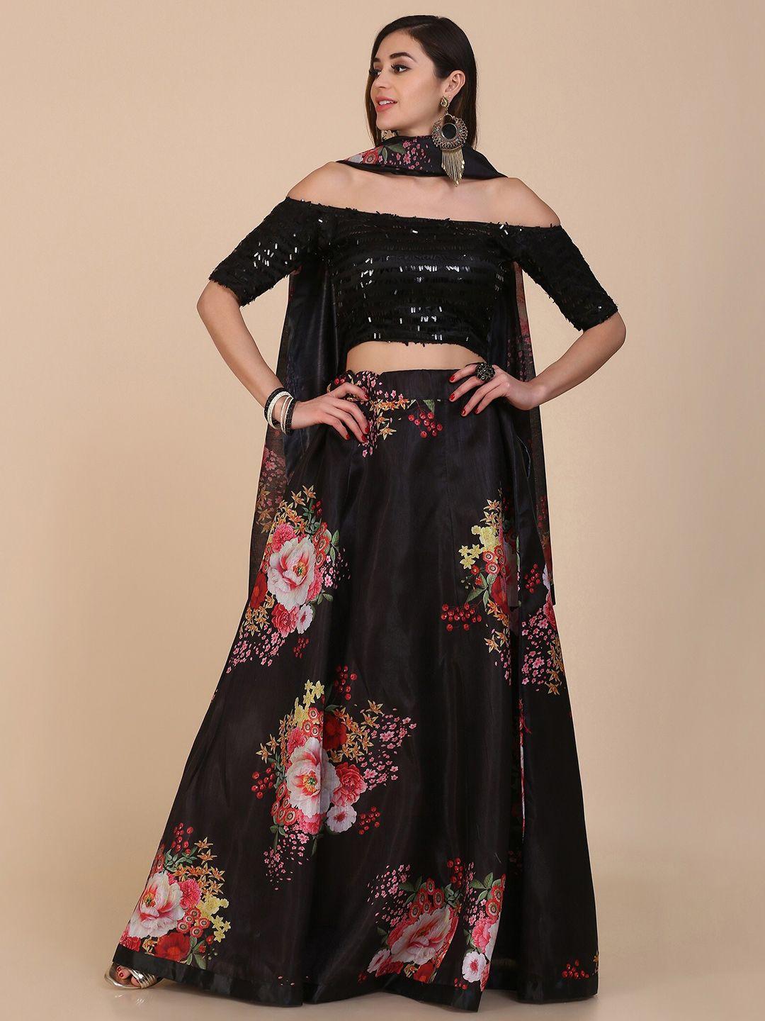 warthy ent black & red embellished semi-stitched lehenga & unstitched blouse with dupatta