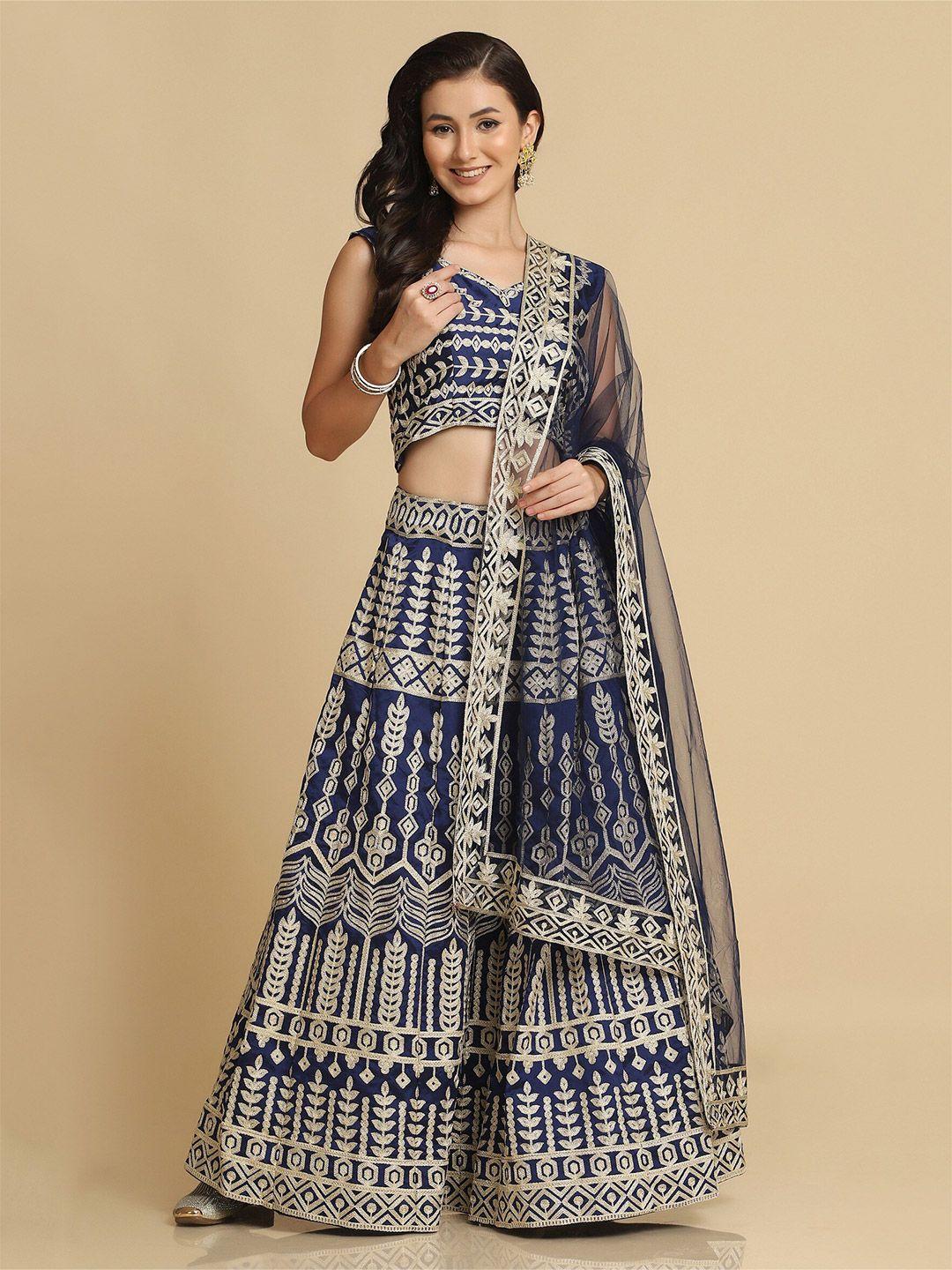 warthy ent blue & gold-toned embroidered thread work semi-stitched lehenga & unstitched blouse with dupatta