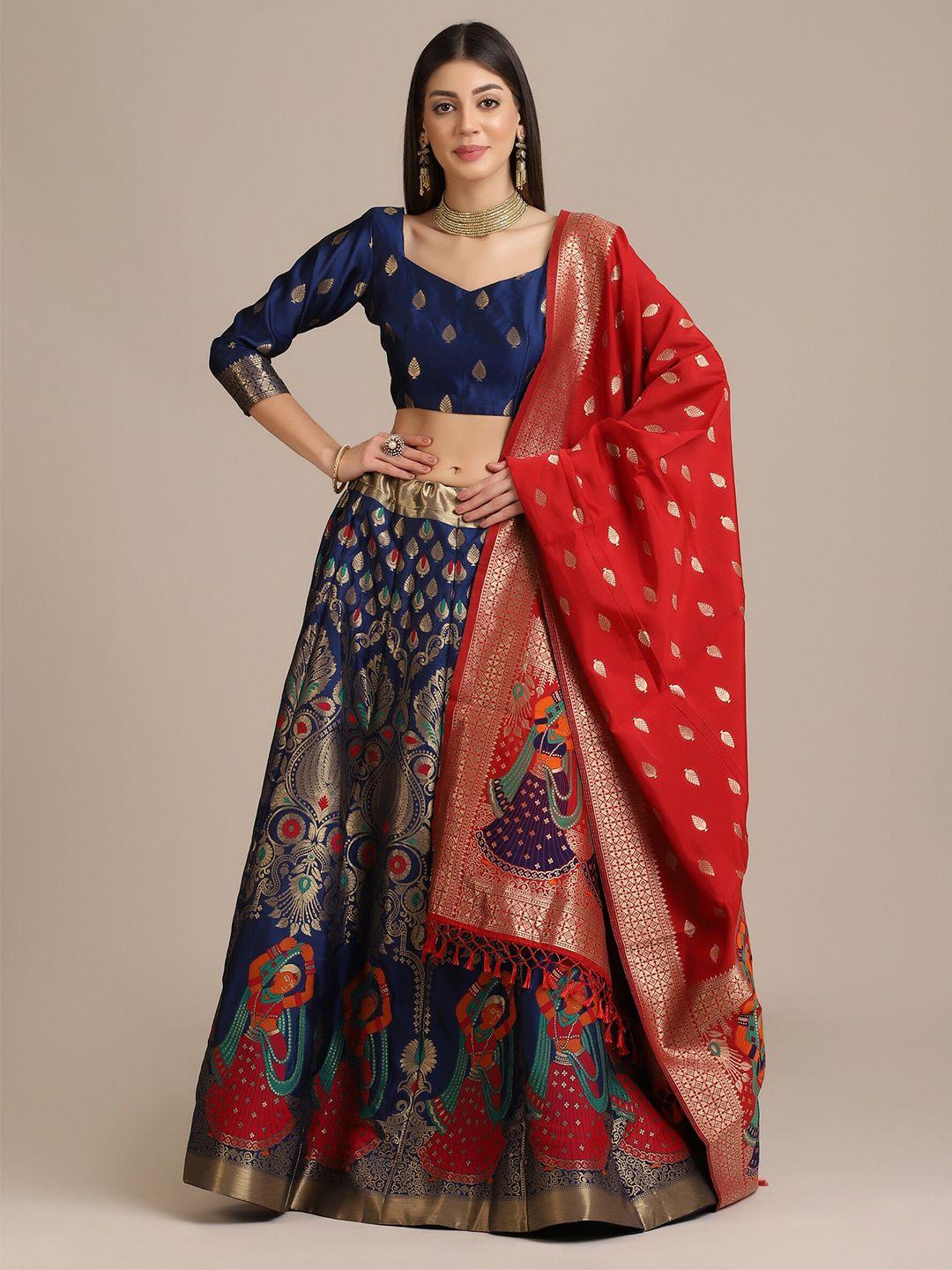 warthy ent blue & red semi-stitched lehenga & unstitched blouse with dupatta