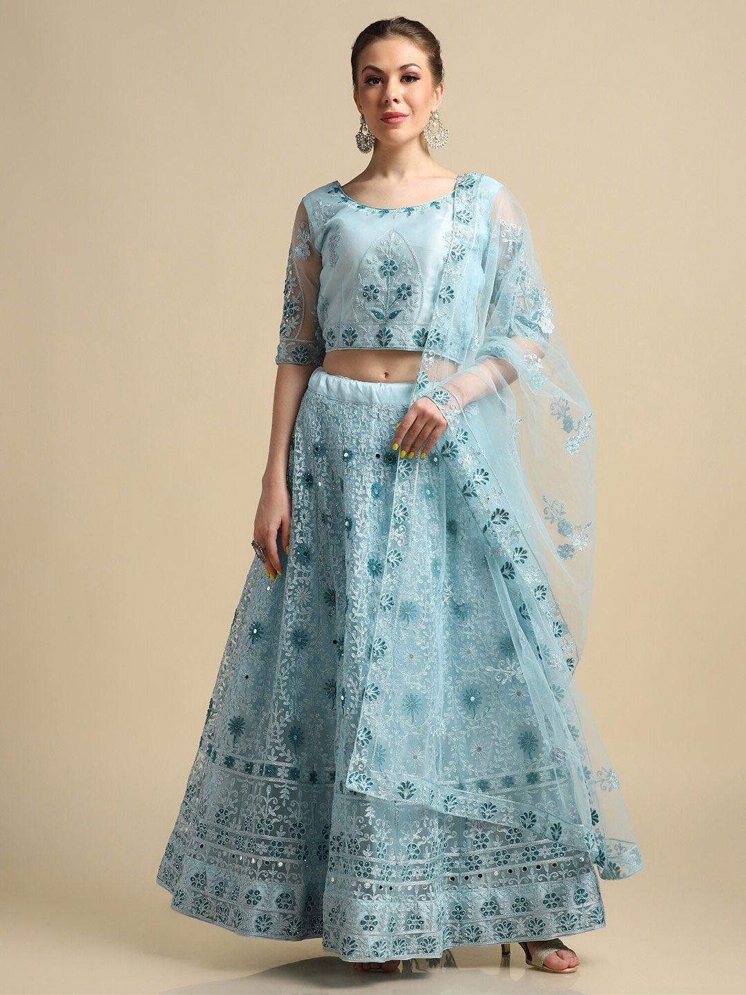 warthy ent blue mirror work semi-stitched lehenga & unstitched blouse with dupatta