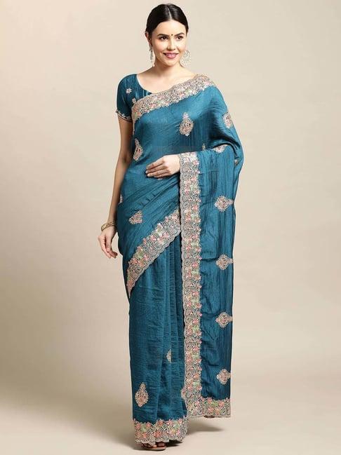 warthy ent blue silk embroidered saree with unstitched blouse