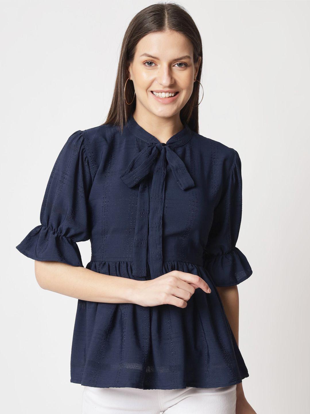 warthy ent blue tie-up neck bell sleeve cotton top