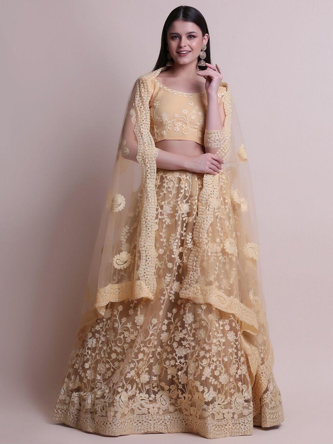 warthy ent cream-coloured embroidered thread work semi-stitched lehenga & unstitched blouse with dupatta