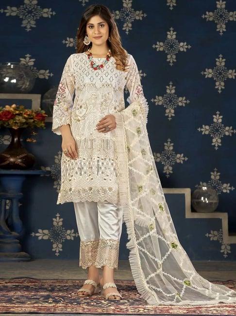 warthy ent cream embroidered semi stitched dress material