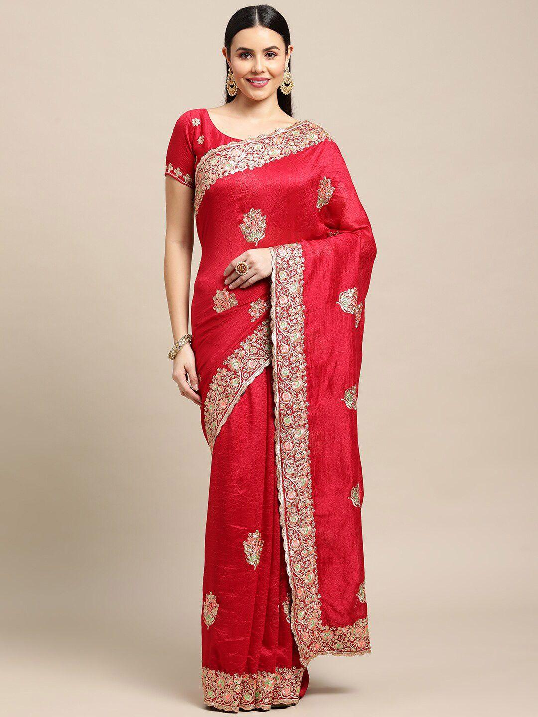 warthy ent fuchsia & gold-toned embellished embroidered saree