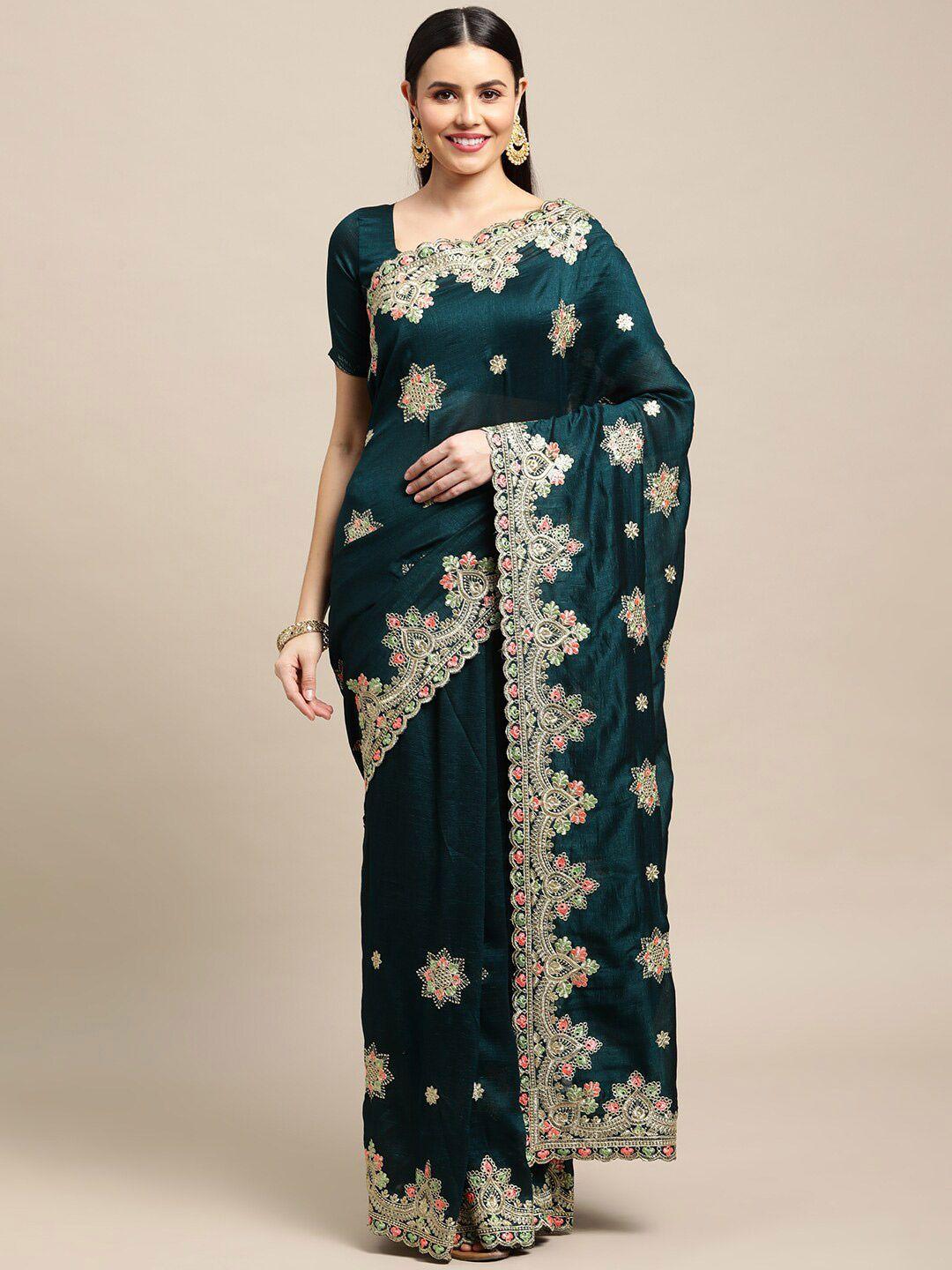 warthy ent green & gold-toned embellished embroidered saree