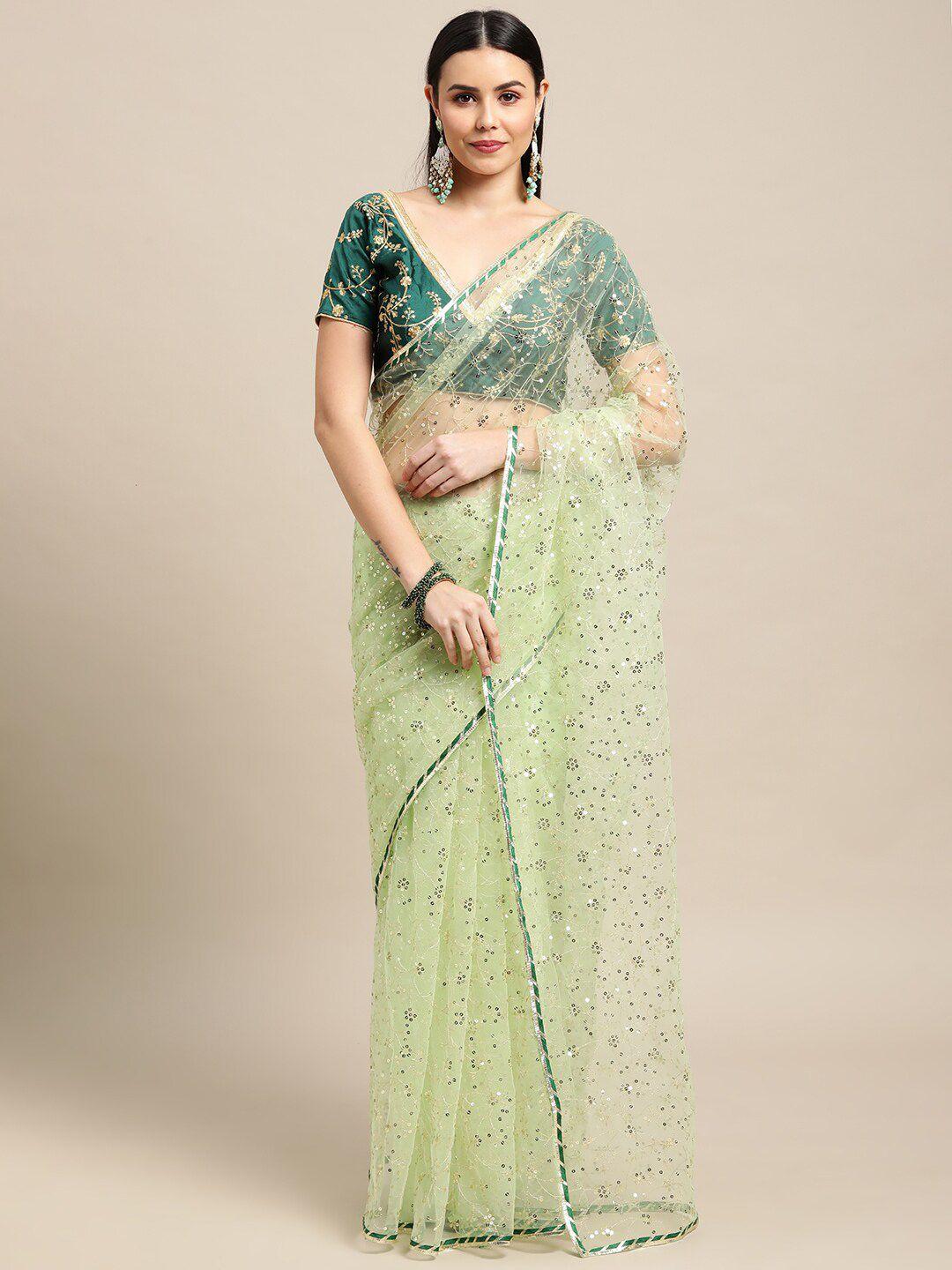 warthy ent green & gold-toned embellished sequinned net saree