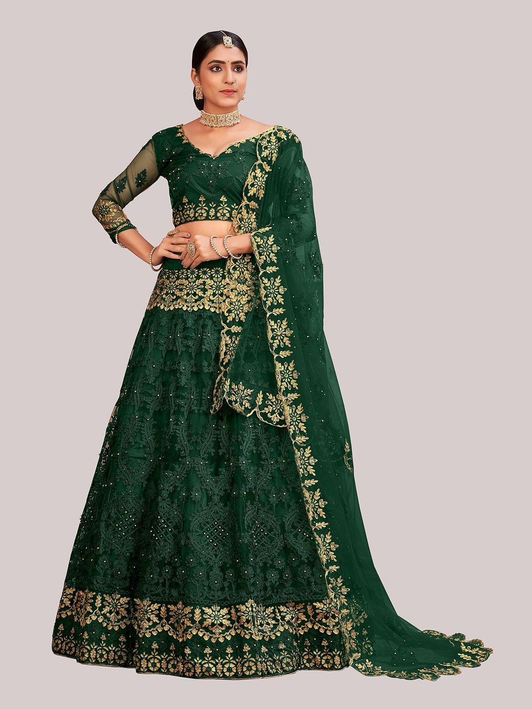 warthy ent green & gold-toned embroidered thread work semi-stitched lehenga choli set