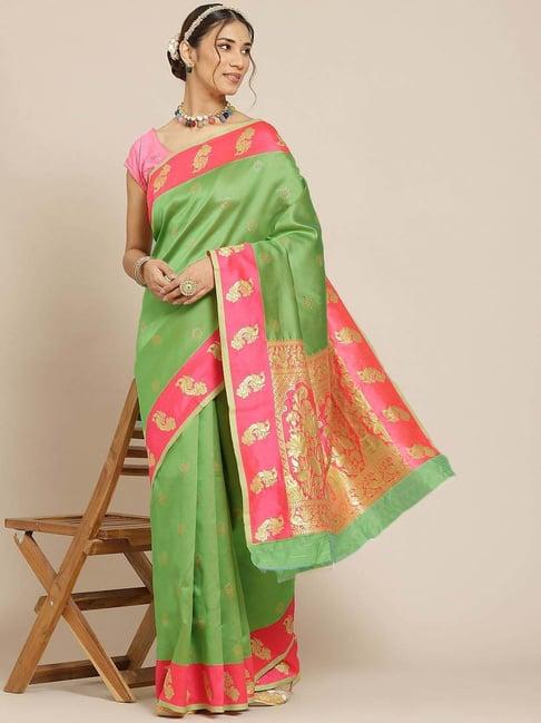 warthy ent green & pink silk woven saree with unstitched blouse