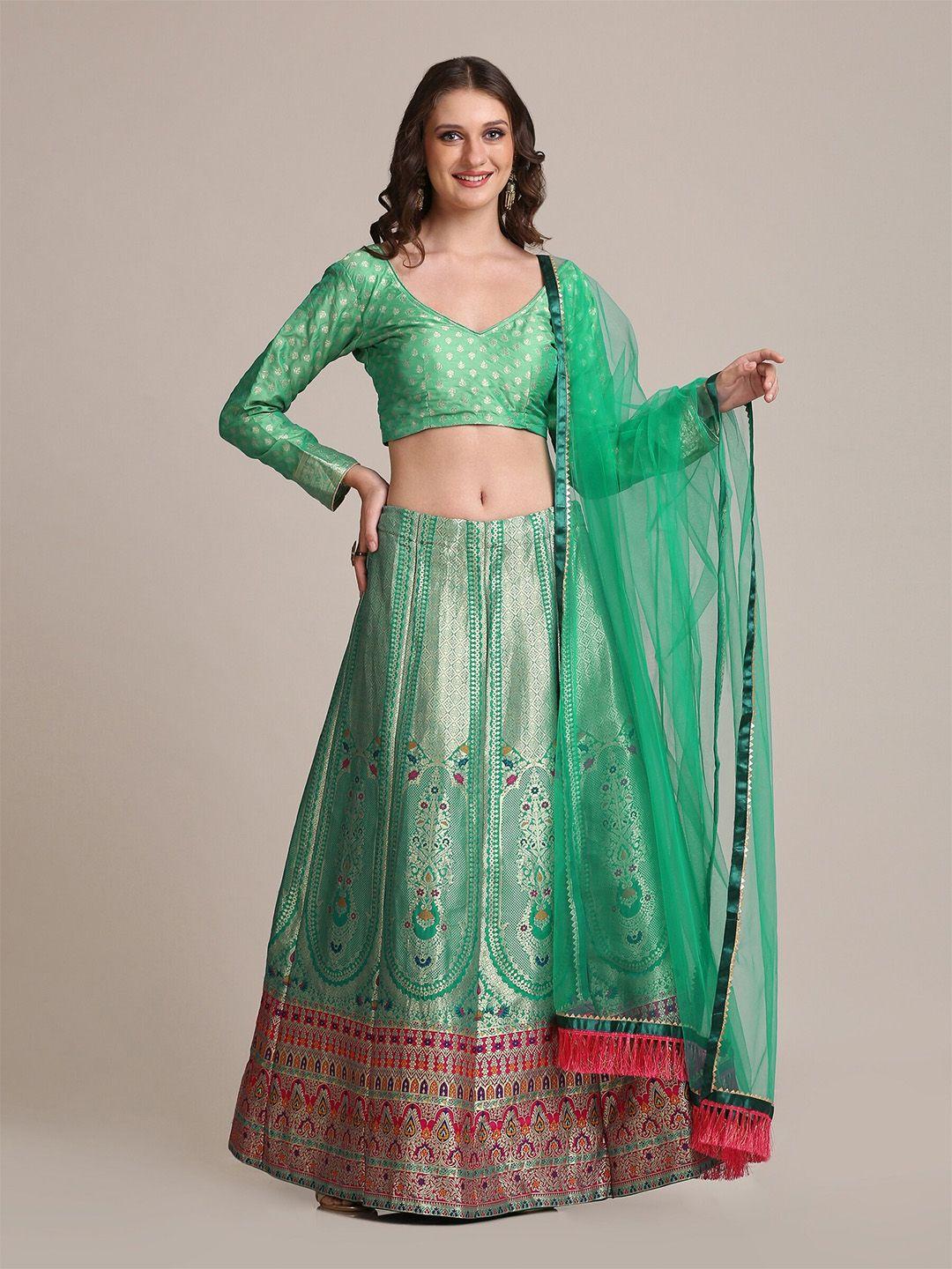 warthy ent green & red woven design semi-stitched lehenga & unstitched choli  with dupatta