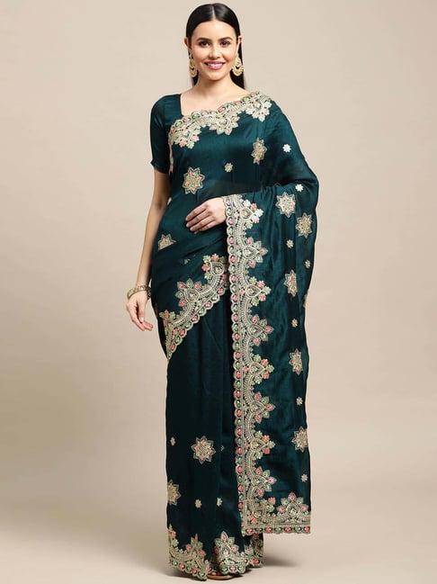 warthy ent green silk embroidered saree with unstitched blouse