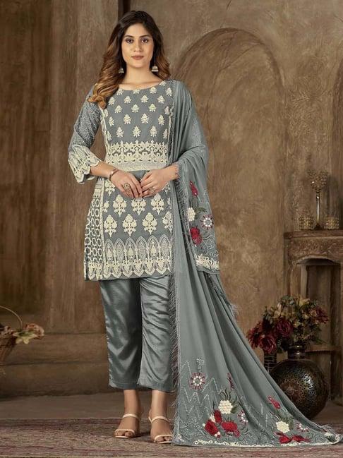 warthy ent grey embroidered semi stitched dress material