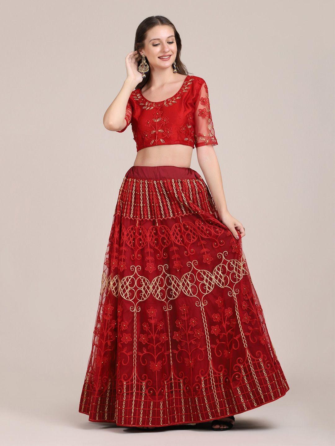 warthy ent maroon & gold-toned embroidered thread work semi-stitched lehenga & unstitched blouse with dupatta