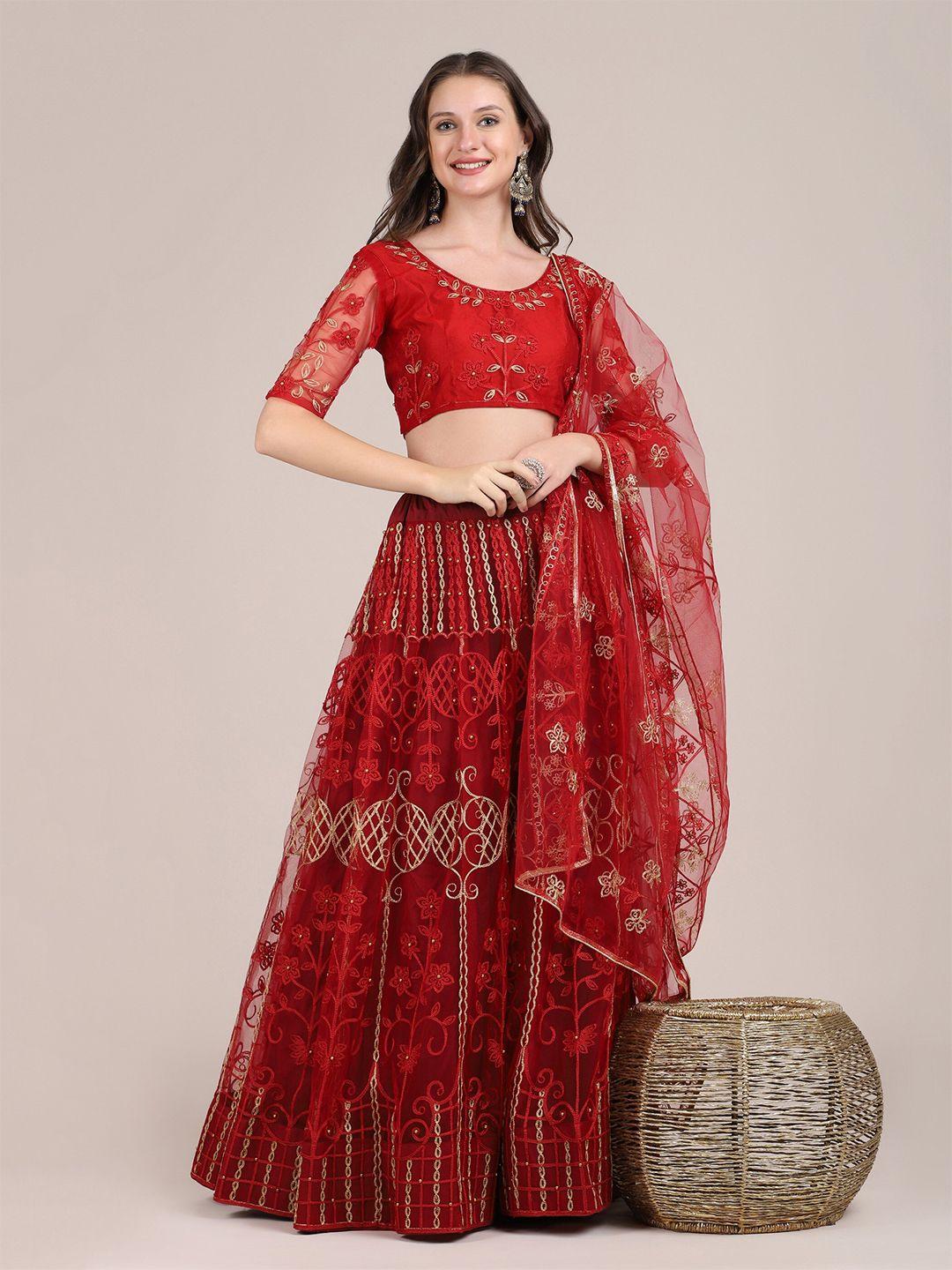 warthy ent maroon & gold-toned embroidered thread work semi-stitched lehenga & unstitched blouse with