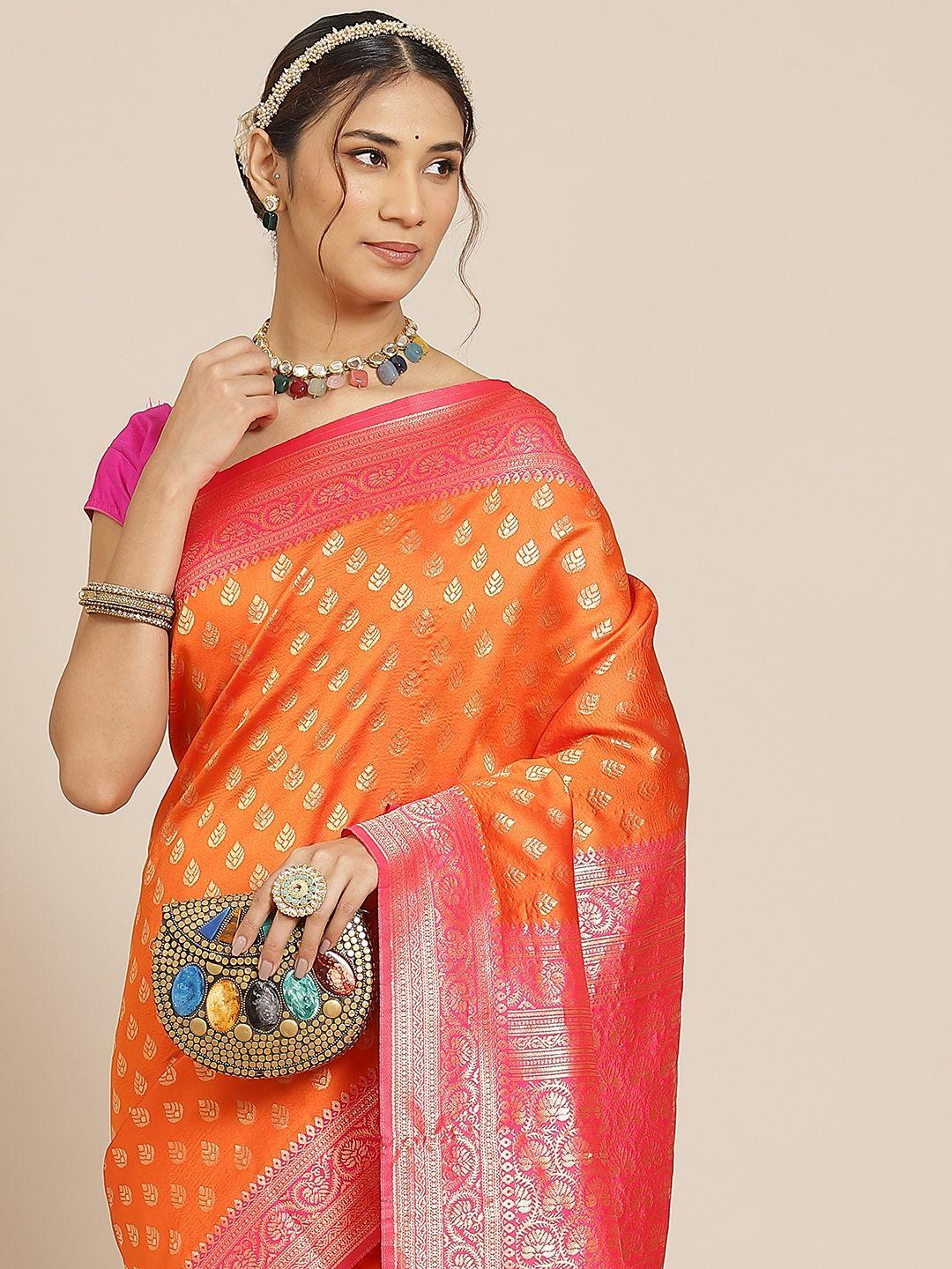 warthy ent orange & pink ethnic motifs zari silk blend kanjeevaram saree