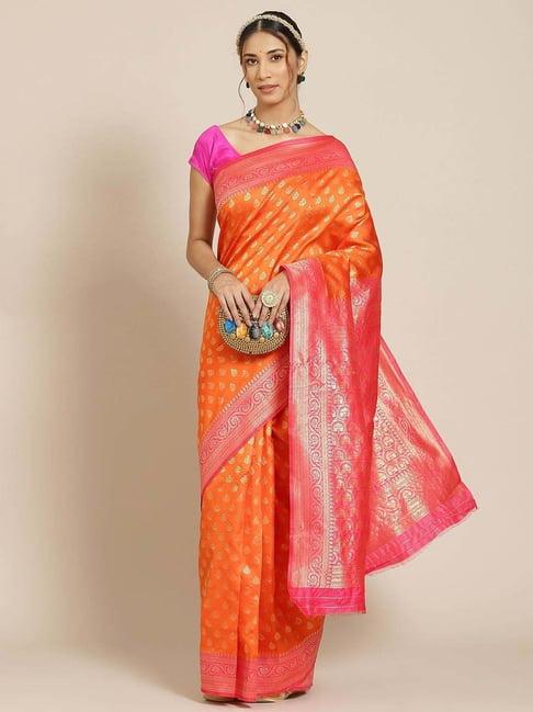 warthy ent orange & pink silk woven saree with unstitched blouse