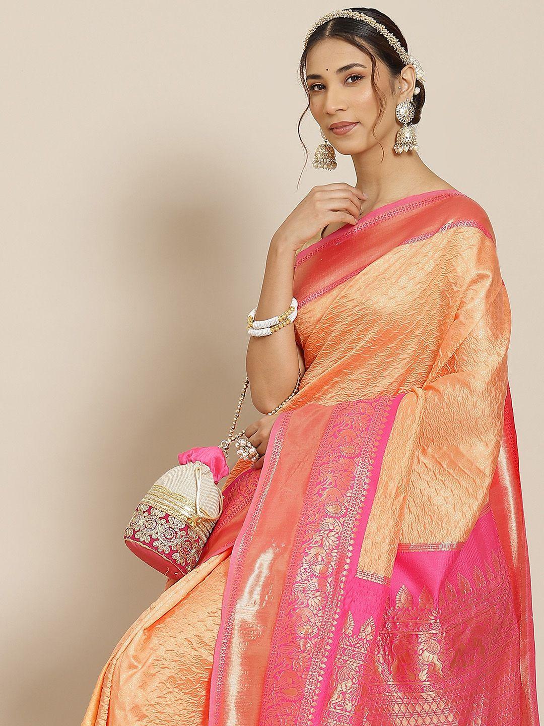 warthy ent peach-coloured & pink ethnic motifs art silk kanjeevaram saree