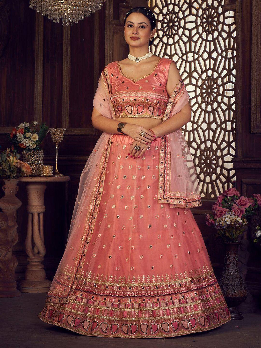 warthy ent peach-coloured & purple embroidered thread work semi-stitched lehenga & unstitched blouse with