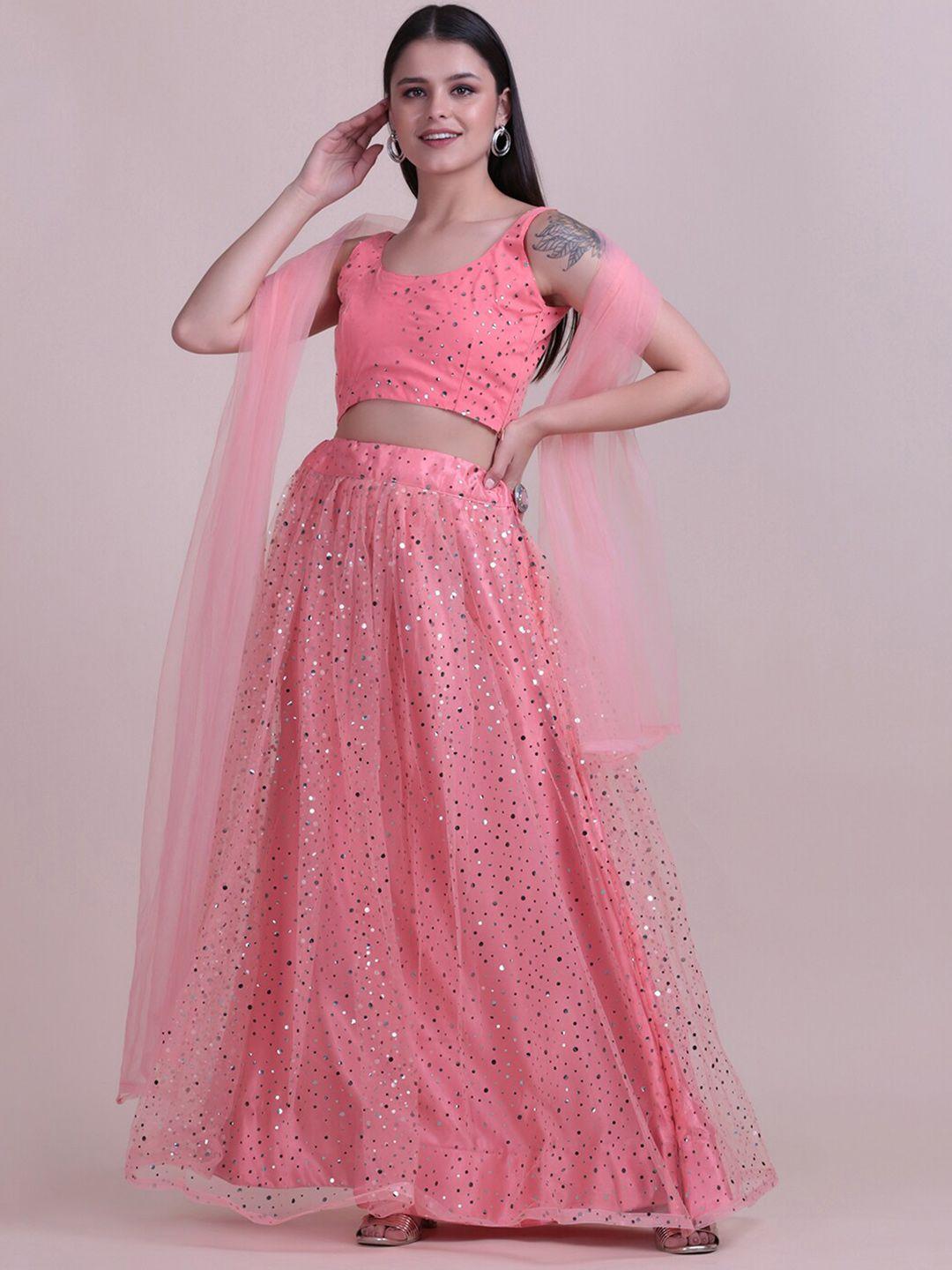 warthy ent peach-coloured & silver-toned embellished semi-stitched lehenga & unstitched blouse with dupatta
