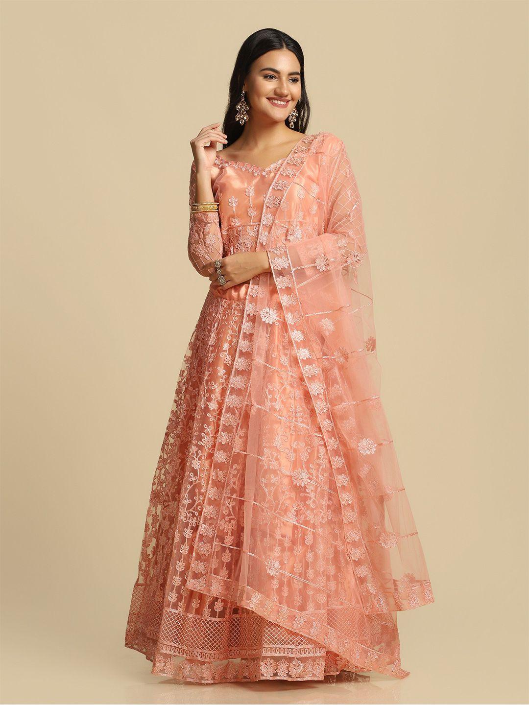 warthy ent peach-coloured embroidered  semi-stitched lehenga & unstitched blouse & dupatta