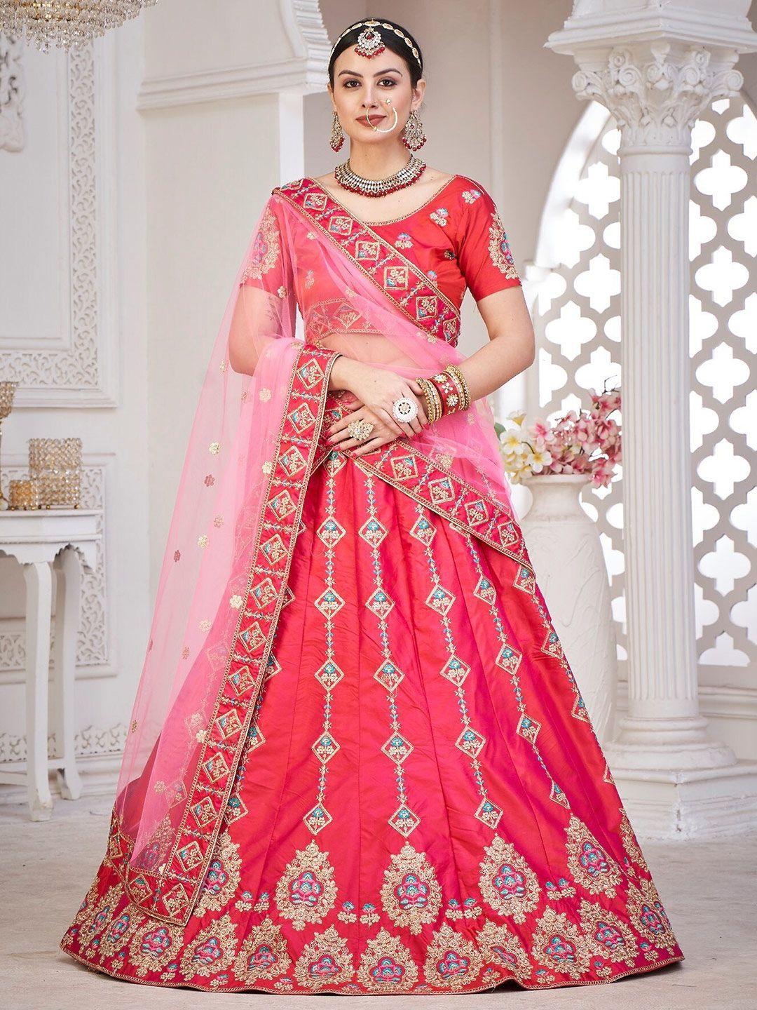 warthy ent pink & gold-toned embroidered semi-stitched lehenga & unstitched blouse&dupatta