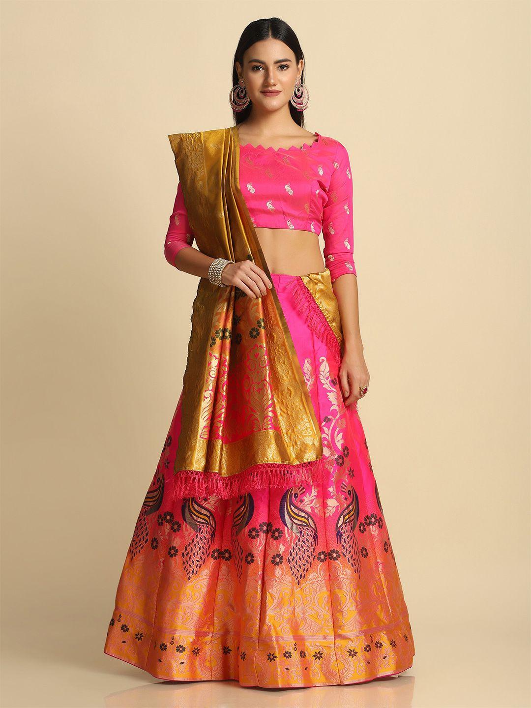 warthy ent pink & yellow  semi-stitched lehenga & unstitched blouse with dupatta