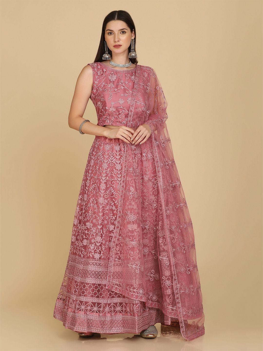 warthy ent pink embroidered thread work semi-stitched lehenga & unstitched blouse with dupatta