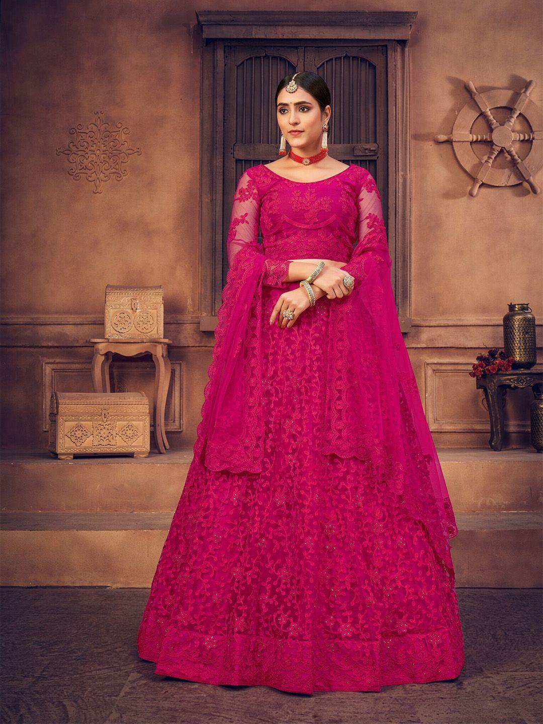 warthy ent pink embroidered thread work semi-stitched lehenga & unstitched blouse with dupatta