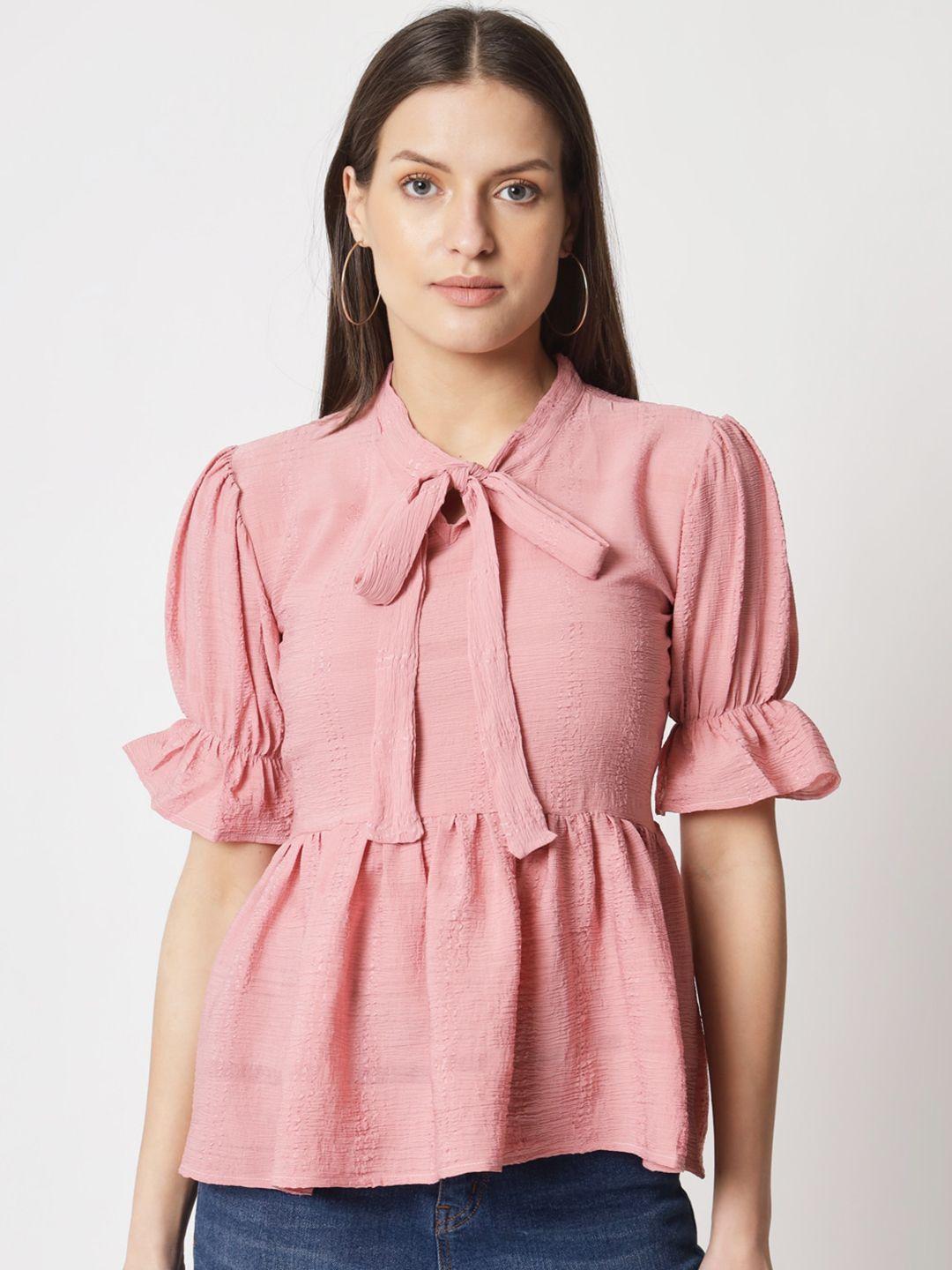 warthy ent pink tie-up neck puff sleeve cotton top