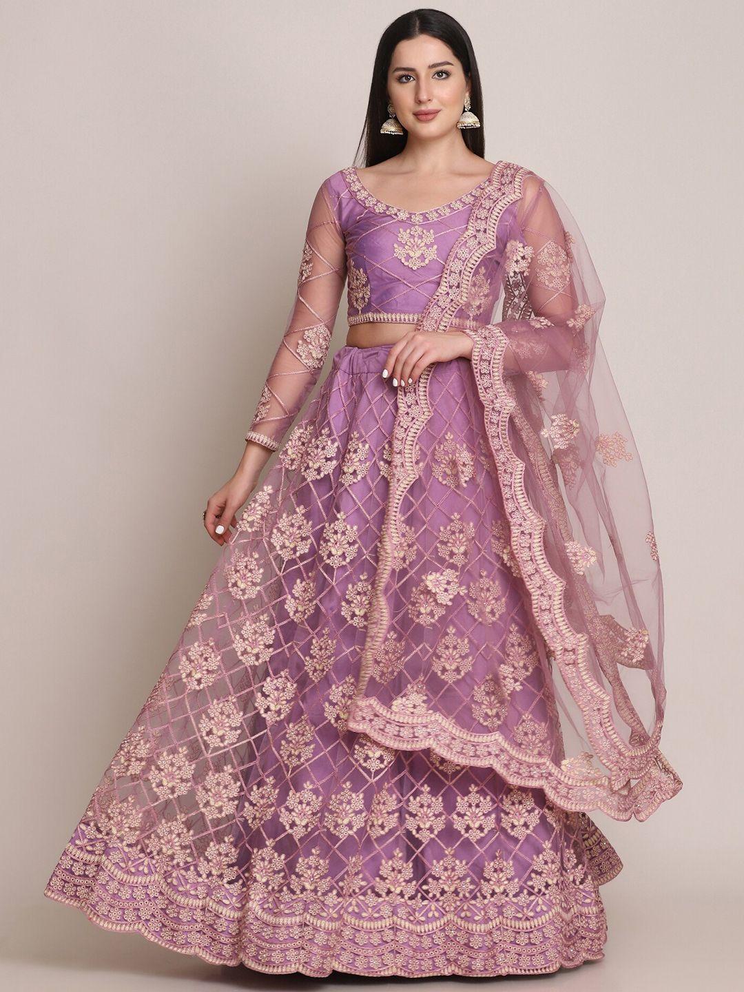 warthy ent purple & gold-toned embroidered thread work semi-stitched lehenga & unstitched blouse with dupatta