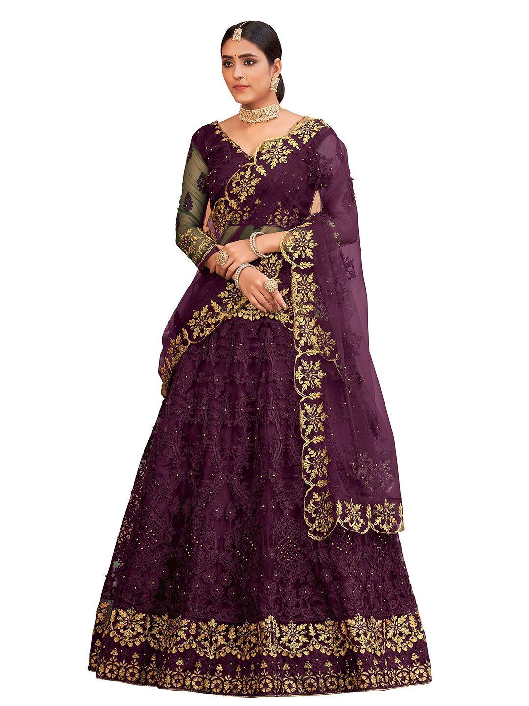 warthy ent purple & gold-toned embroidered thread work semi-stitched lehenga & unstitched blouse with