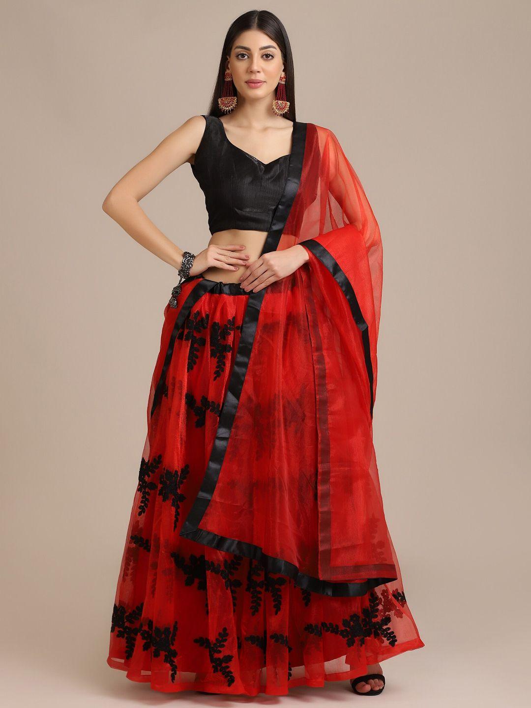 warthy ent red & black thread work semi-stitched lehenga & unstitched blouse with dupatta