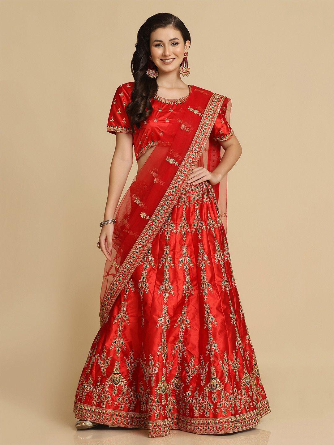 warthy ent red & gold-toned embroidered thread work semi-stitched lehenga & unstitched blouse with dupatta