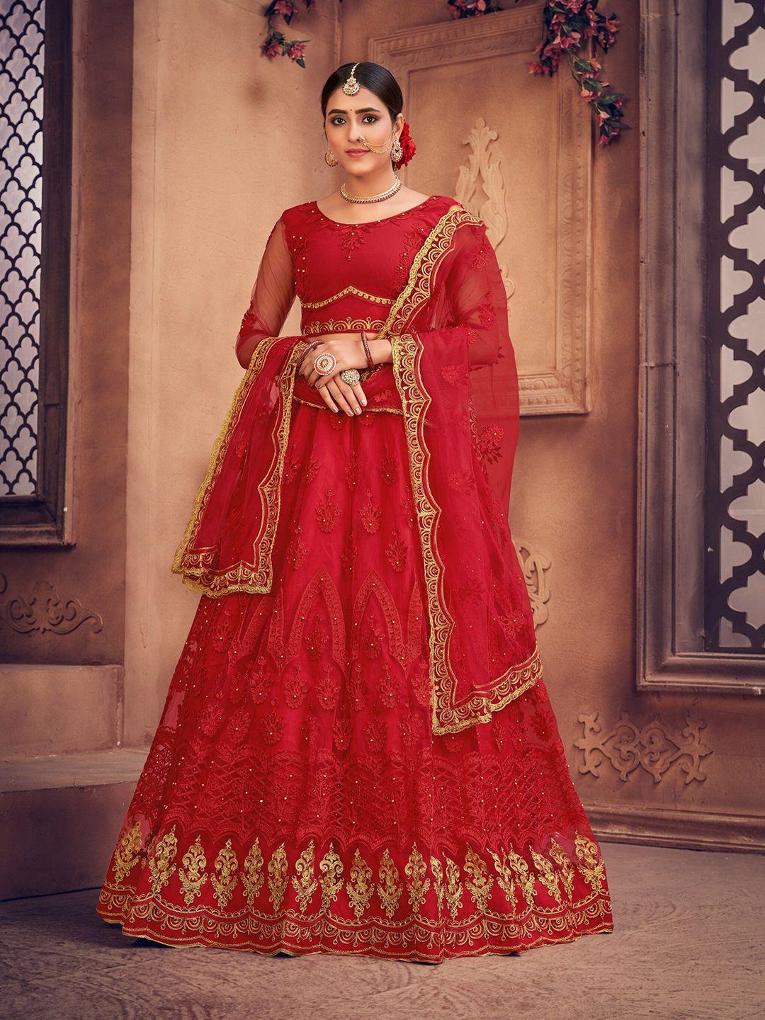 warthy ent red & gold-toned embroidered thread work semi-stitched lehenga & unstitched blouse with dupatta