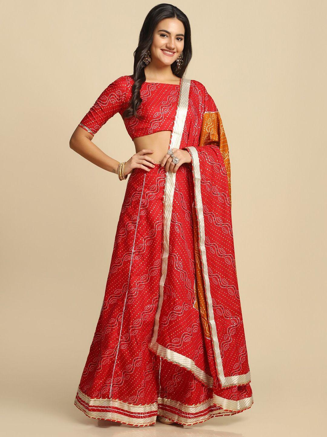 warthy ent red & gold-toned printed semi-stitched lehenga & unstitched blouse with dupatta