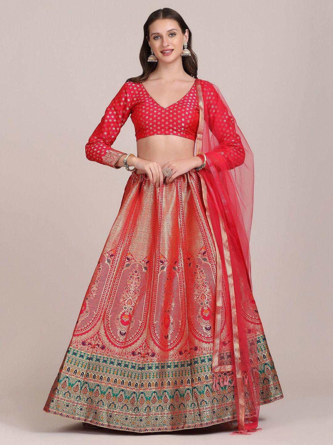 warthy ent red & green printed semi-stitched lehenga & unstitched blouse with dupatta