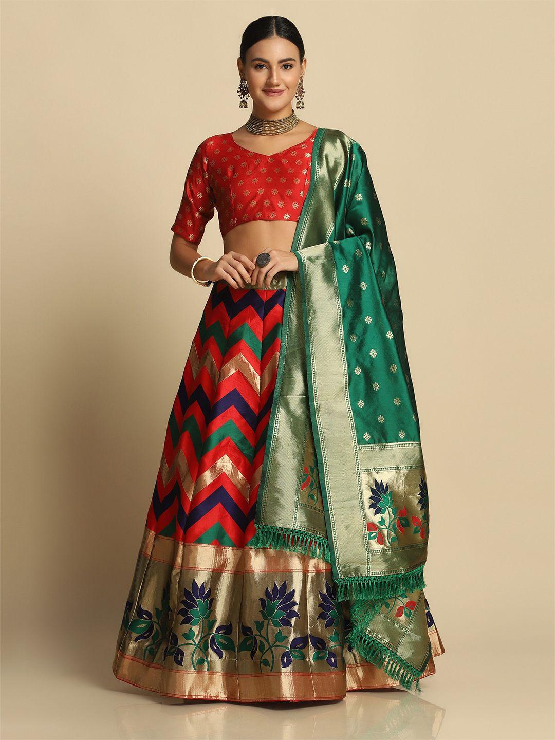 warthy ent red & green semi-stitched lehenga & unstitched blouse with dupatta