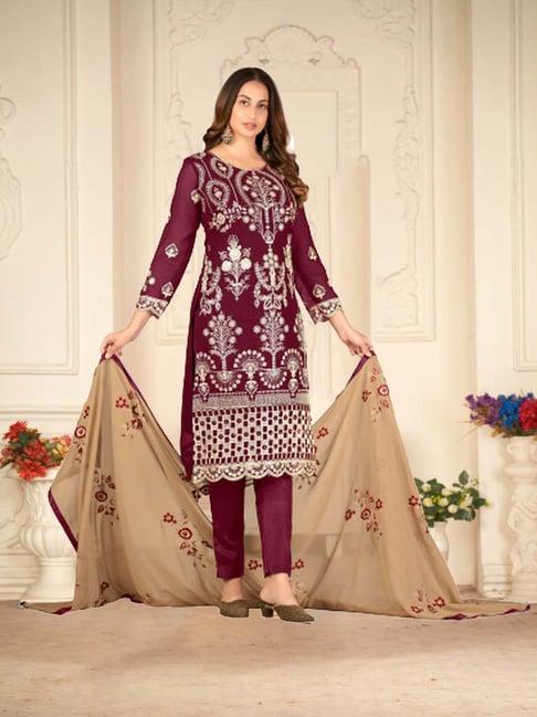 warthy ent red embroidered semi stitched dress material