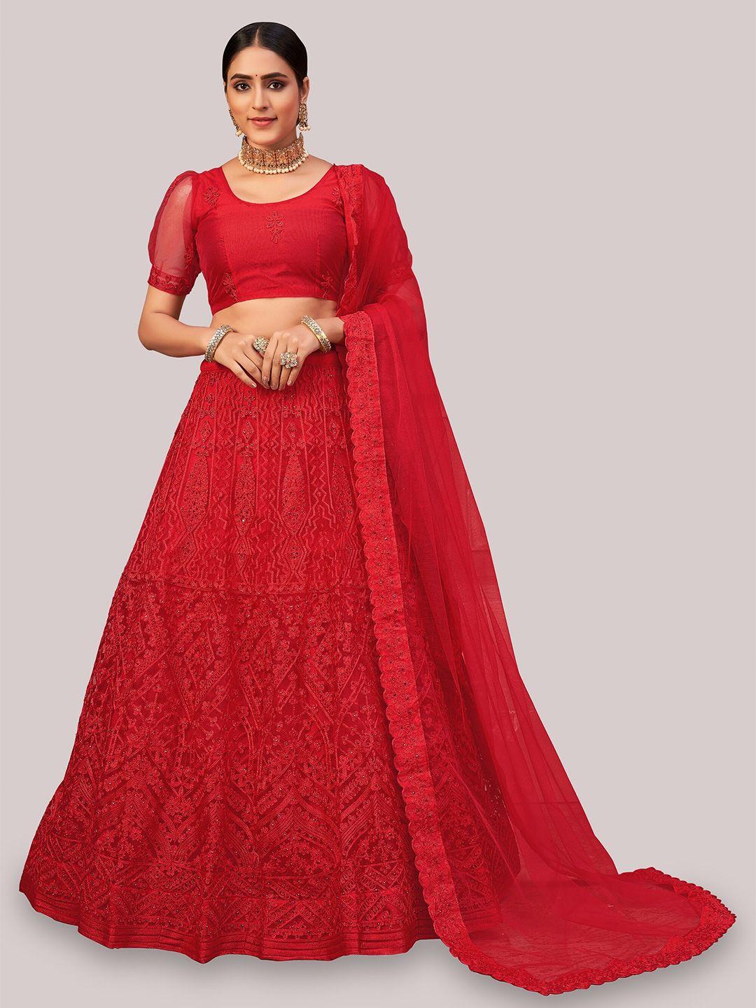 warthy ent red embroidered thread work semi-stitched lehenga & unstitched blouse with dupatta