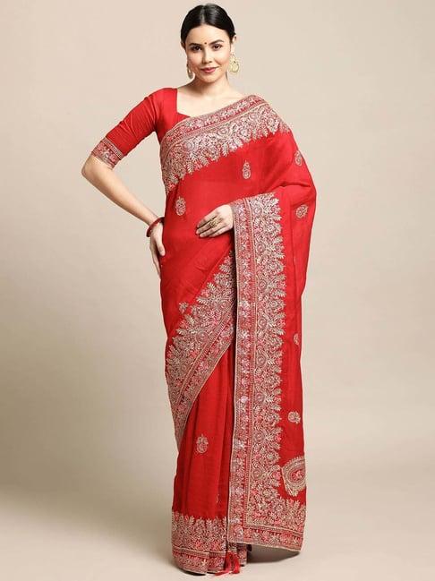 warthy ent red silk embroidered saree with unstitched blouse