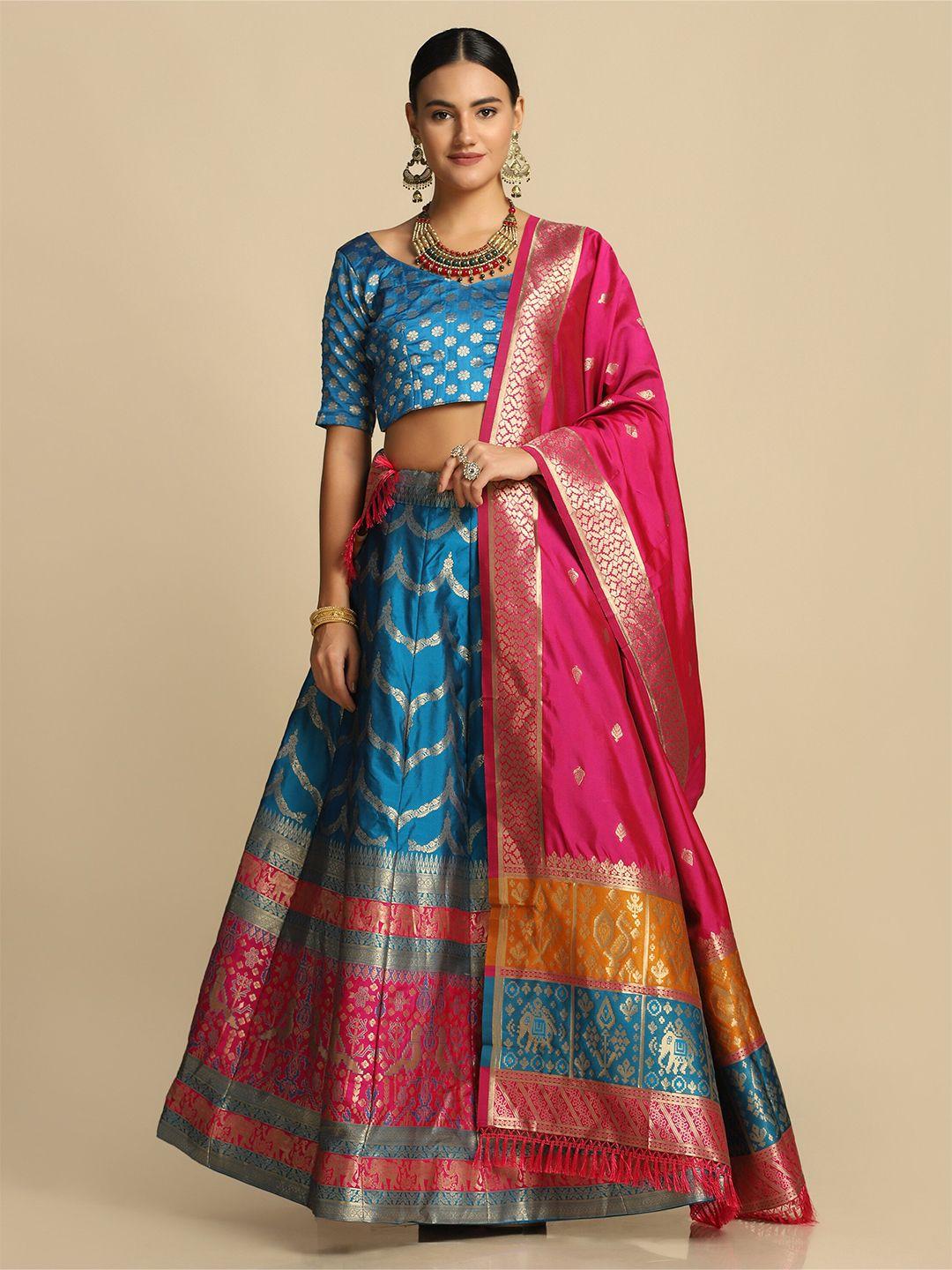 warthy ent turquoise blue & pink semi-stitched lehenga & unstitched blouse with dupatta