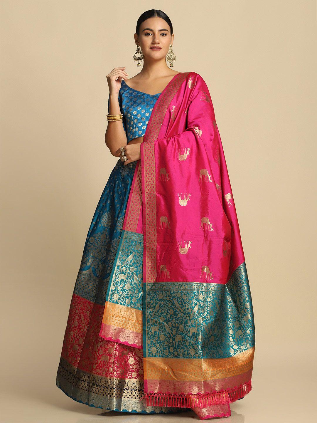 warthy ent turquoise blue & pink semi-stitched lehenga & unstitched choli with dupatta