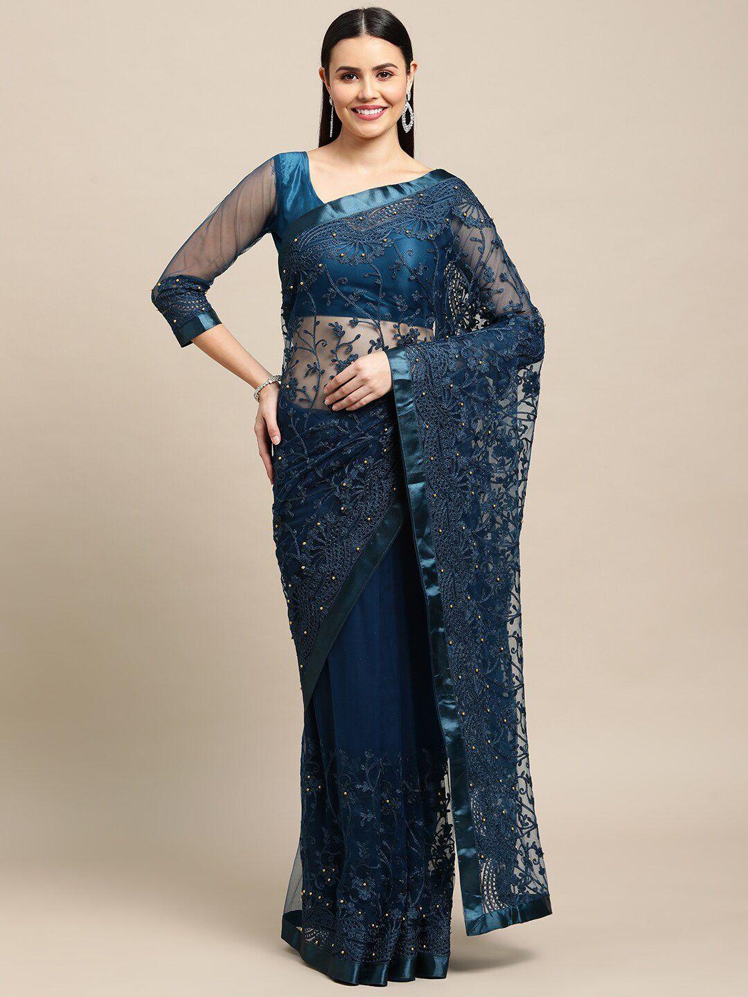 warthy ent turquoise blue embellished embroidered net saree