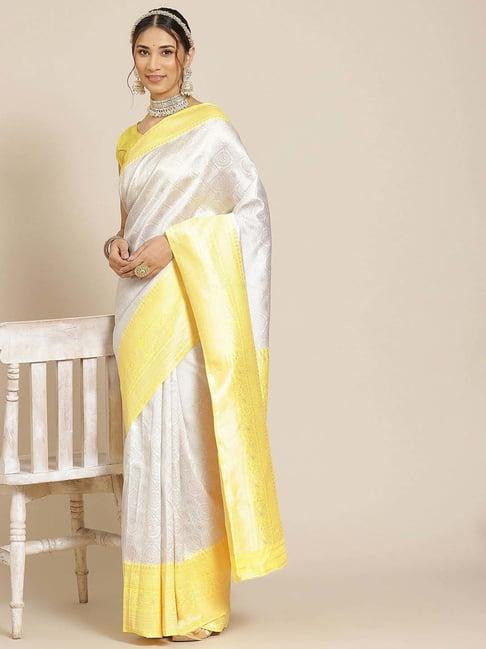 warthy ent white & yellow silk woven saree with unstitched blouse