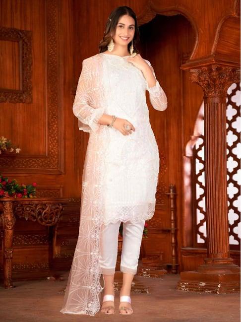 warthy ent white embroidered semi stitched dress material