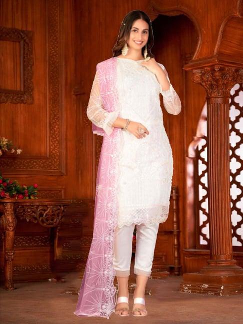 warthy ent white embroidered semi stitched dress material