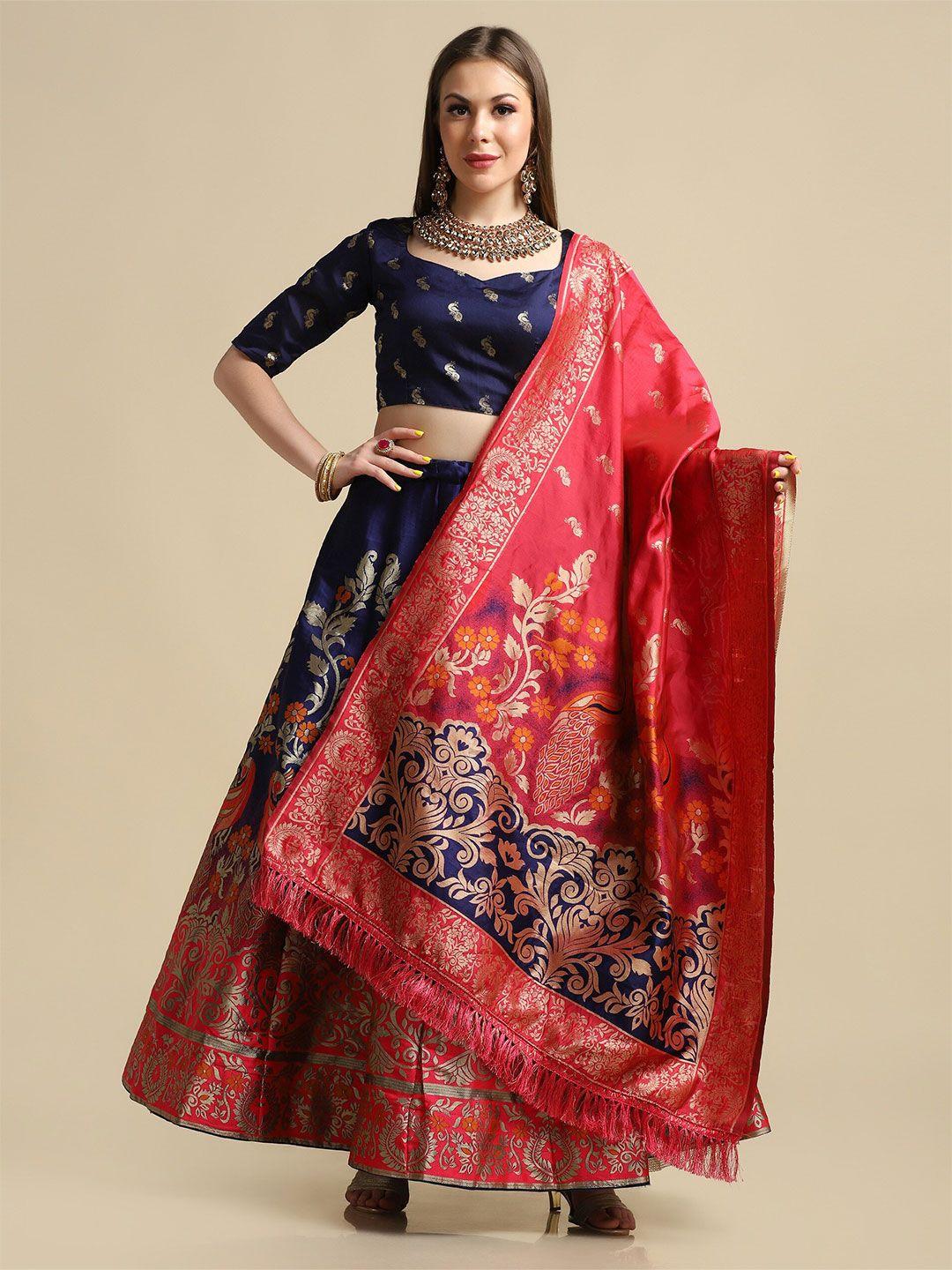 warthy ent women blue & red semi-stitched lehenga & unstitched blouse with dupatta