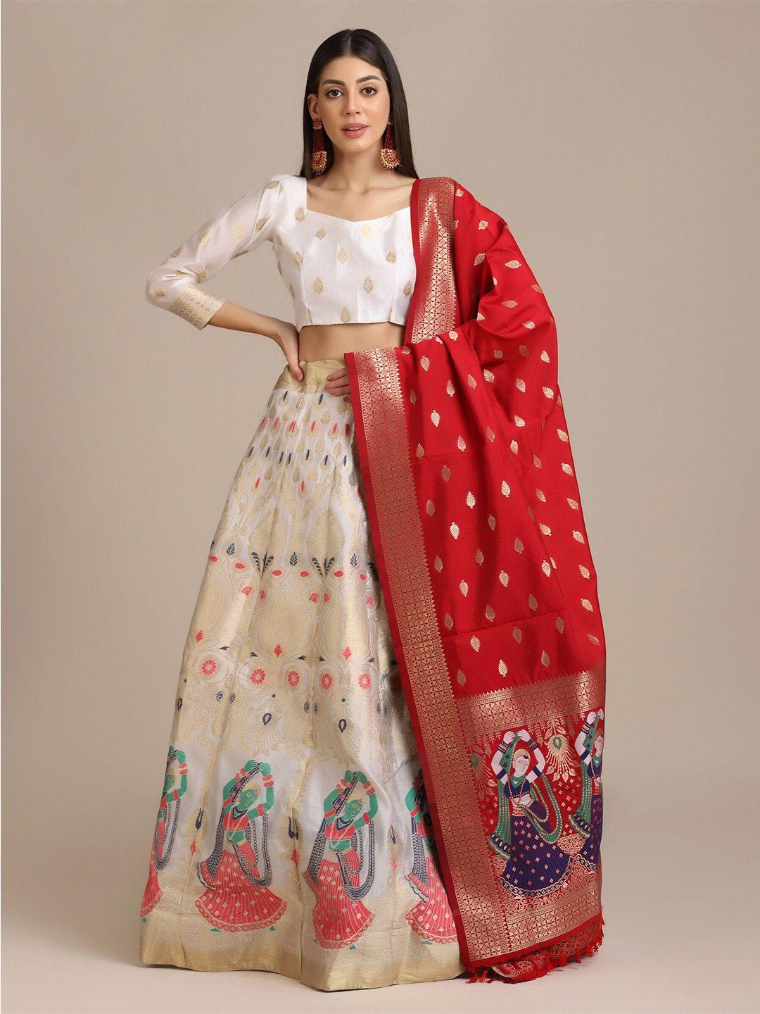 warthy ent women white & red woven design lehenga choli