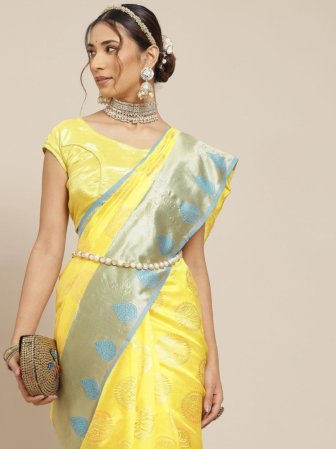 warthy ent yellow & blue ethnic motifs zari silk blend kanjeevaram saree