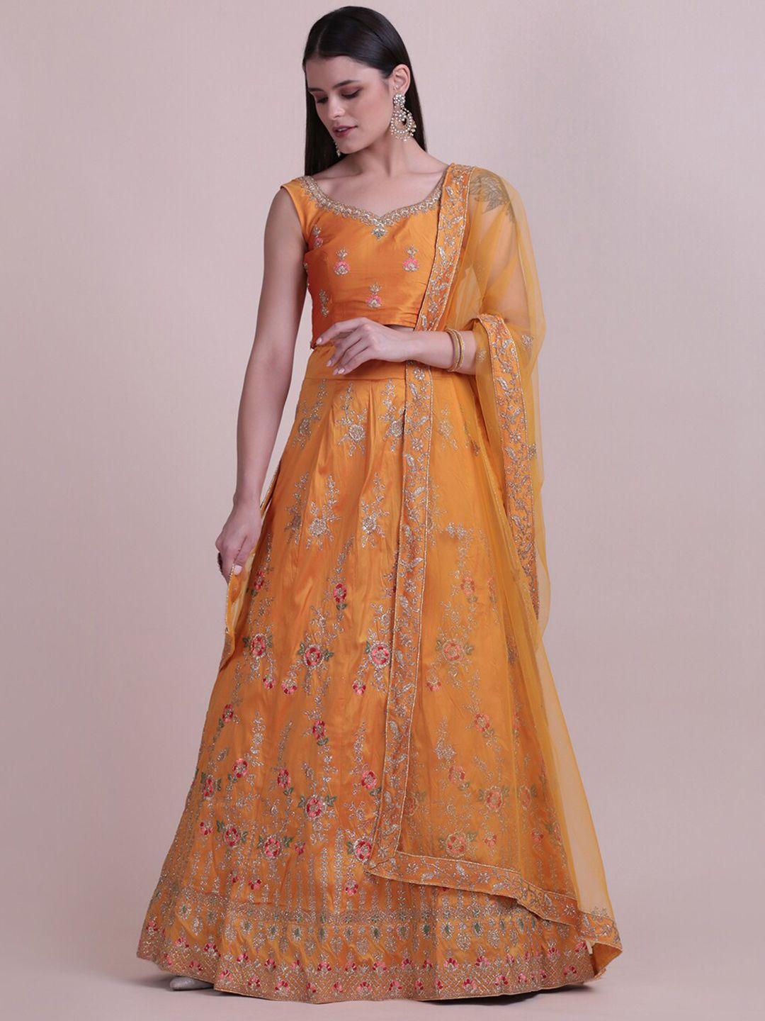 warthy ent yellow & gold-toned embroidered thread work semi-stitched lehenga & unstitched blouse with dupatta